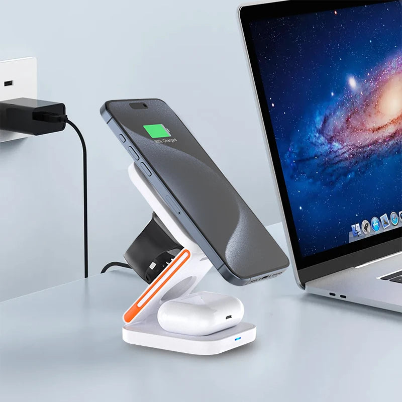 Carregador Wireless 3 em 1 Magnético Dobrável — iPhone + Apple Watch + AirPods