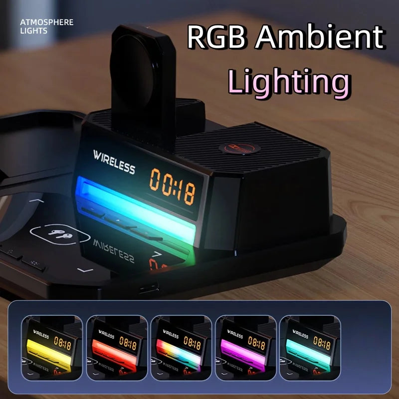 Abajur RGB 5 em 1 — Luminária + Relógio + Bluetooth + Carregador Wireless + Alarme