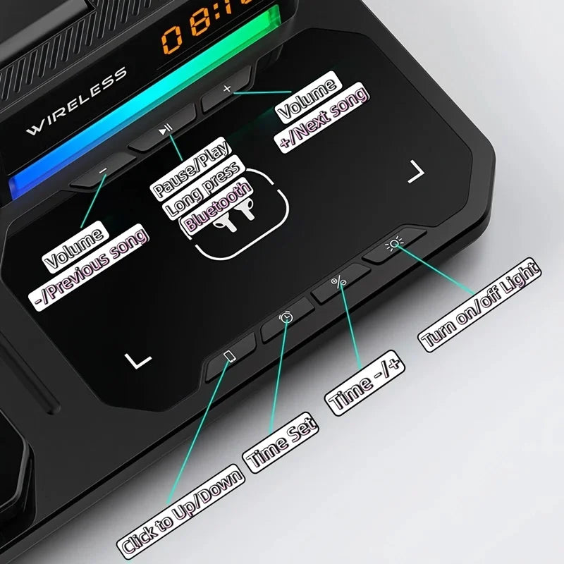 Abajur RGB 5 em 1 — Luminária + Relógio + Bluetooth + Carregador Wireless + Alarme