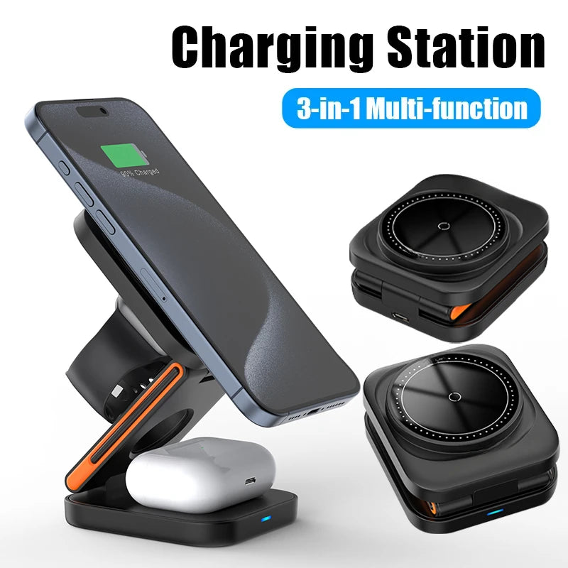 Carregador Wireless 3 em 1 Magnético Dobrável — iPhone + Apple Watch + AirPods