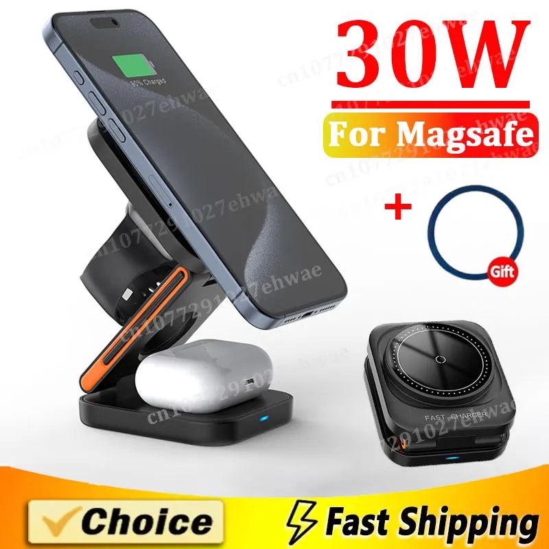 Carregador Wireless 3 em 1 Magnético Dobrável — iPhone + Apple Watch + AirPods